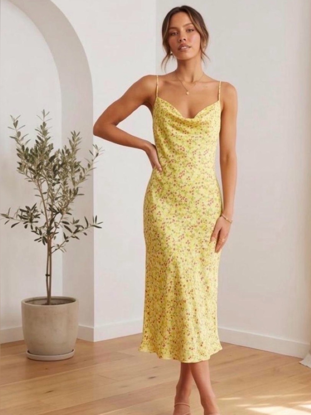 NEW BCBGeneration Size 2 Lemon Drop Floral Cowl Neck Midi Satin Slip Dress